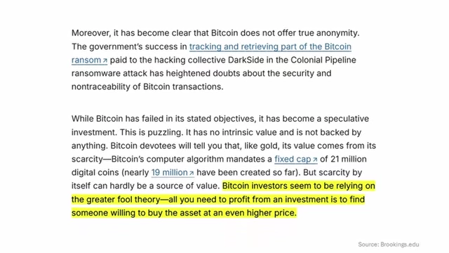 Brookings article on Bitcoin as a speculative investment relying on the "greater fool theory"