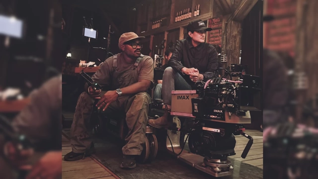 Director Ryan Coogler and Cinematographer Autumn Durald Arkapaw on set with a large format IMAX camera.