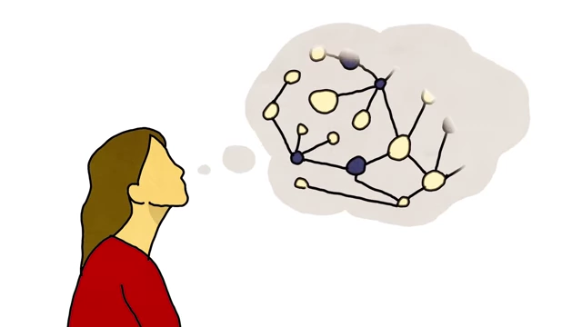 A woman thinks about an abstract network diagram, representing the interconnectedness of decisions and their influence