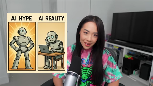 A side-by-side cartoon depicting 'AI HYPE' as a strong, confident robot and 'AI REALITY' as a slumped, frustrated robot at a laptop, suggesting the current limitations of AI compared to public perception.