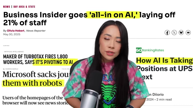 News headlines with titles such as 'Business Insider goes 'all-in on AI,' laying off 21% of staff' and 'MAKER OF TURBOTAX FIRES 1,800 WORKERS, SAYS IT'S PIVOTING TO AI'.