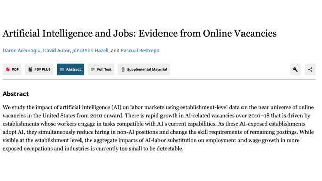 The abstract of a paper titled 'Artificial Intelligence and Jobs: Evidence from Online Vacancies', stating that 'the aggregate impacts of AI-labor substitution on employment and wage growth in more exposed occupations and industries is currently too small to be detectable.'
