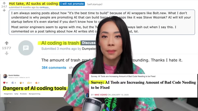 Screenshots of online discussions and news articles with titles like 'Hot take, AI sucks at coding' and 'Survey: AI Tools are Increasing Amount of Bad Code Needing to be Fixed,' highlighting issues with AI-generated code.