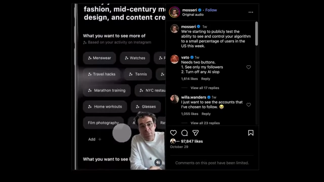 Instagram post by Adam Mosseri discussing algorithm control tools