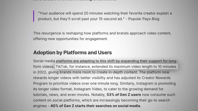 Report text confirming TikTok's extended maximum video length to 10 minutes