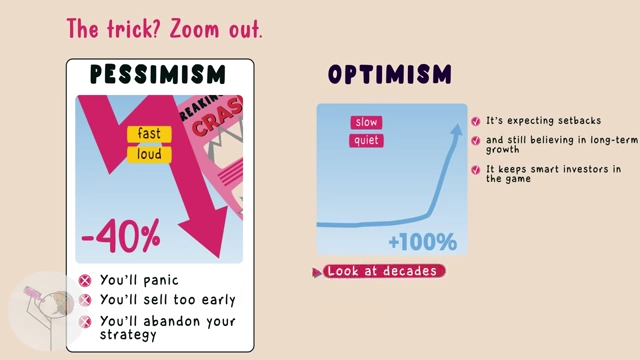 A visual contrasting "PESSIMISM" (fast, loud market crashes) with "OPTIMISM" (slow, quiet long-term growth) and indicating that smart investors stay calm by focusing on decades, not days, to see the compounding progress.