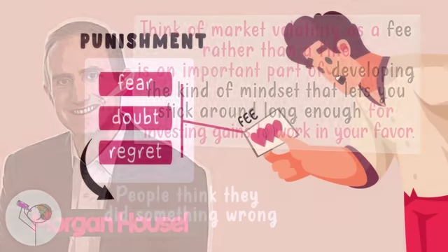 An image depicting an investor holding a "fee" card with hearts, indicating emotional costs like fear, doubt, and regret as the price of admission for market gains.