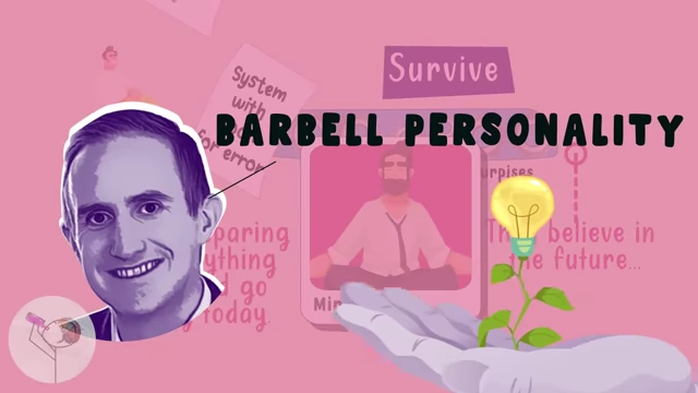 Morgan Housel's "barbell personality" concept: an investor meditating on one side, with a lightbulb-plant signifying future belief, while the other side shows preparations for "everything that could go wrong today" with extra cash and diversification.