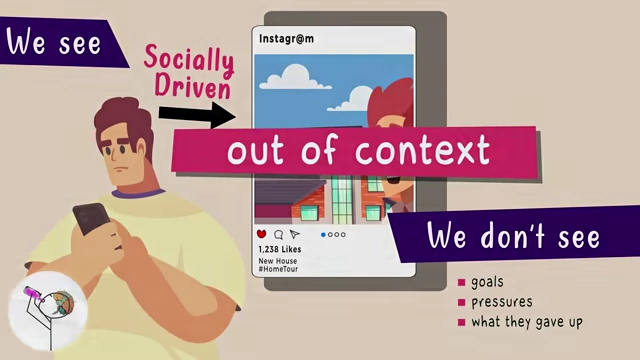 An image illustrating the danger of financial comparison, where people see socially driven purchases (like a Porsche on Instagram) but don't see the underlying goals, pressures, or sacrifices, leading to out-of-context decision-making.