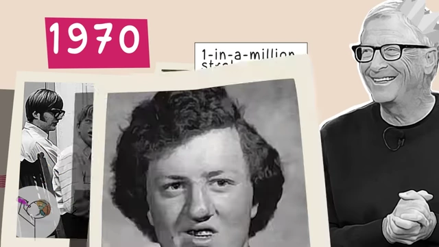 A split image showing a younger Bill Gates in the 1970s, indicating a "one-in-a-million stroke of luck" for attending a high school with a computer, and his equally brilliant friend Kent Evans who died in a mountaineering accident, highlighting the role of risk.