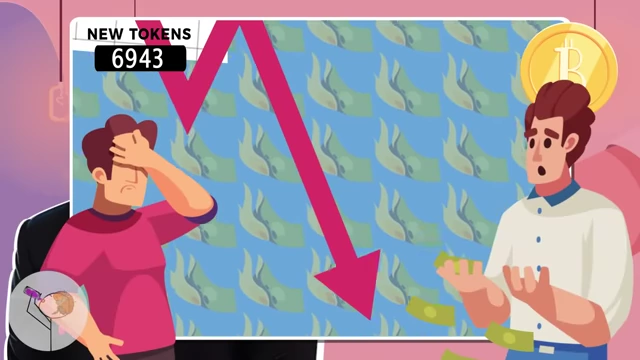 A visual depicting two individuals looking distressed as a large red arrow indicates a market crash in crypto, with thousands of new tokens losing value, symbolizing the collapse of the crypto boom due to reliance on appealing fictions rather than data.