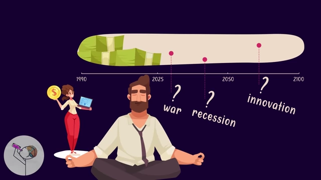 A timeline showing unpredictable future events like war, recession, and innovation, alongside a meditating person, emphasizing that a calm mindset wins over certainty in the long term.