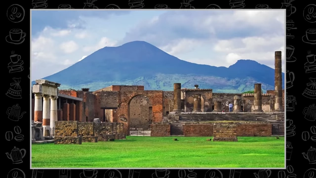 The ancient ruins of Pompeii with Mount Vesuvius looming in the background.