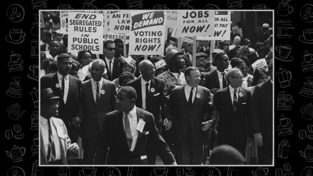 Civil Rights marchers hold signs for equality and jobs, illustrating the historical context of overt racism during Bill Perkins' youth.