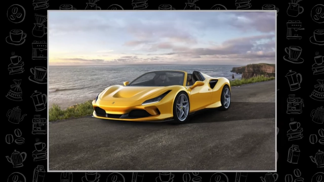 A yellow Ferrari F8 Spider convertible parked by the ocean at sunset.