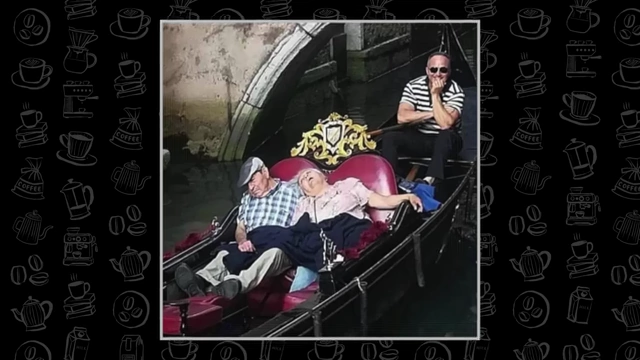 An older couple is asleep in a gondola, with a gondolier in the background.