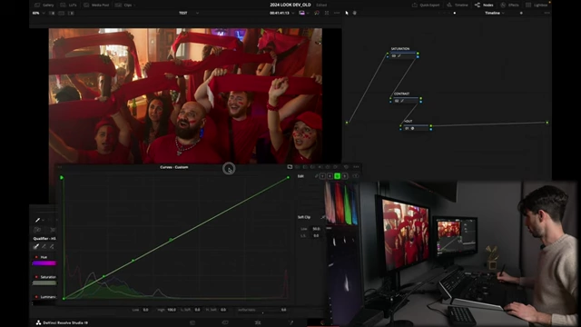 The DaVinci Resolve interface showing the saturation curve being adjusted for precise saturation control.
