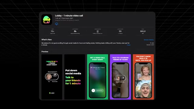Lobby App Store listing highlighting its "1 minute video call" feature