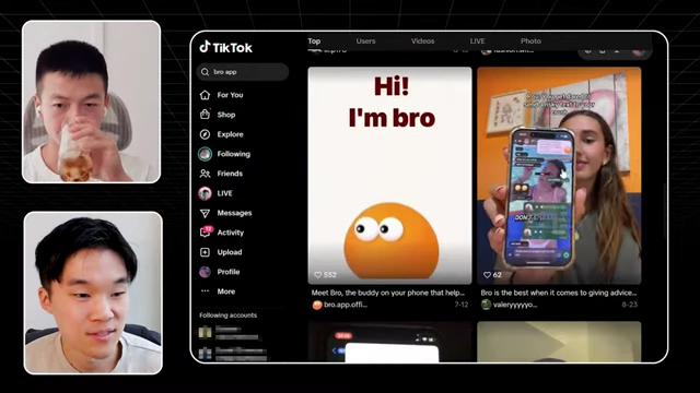 TikTok search results for "bro app" showing various content formats