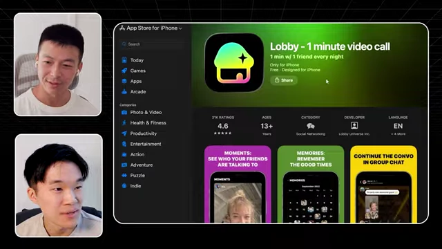 Lobby app's App Store listing, showing its key features and user interface