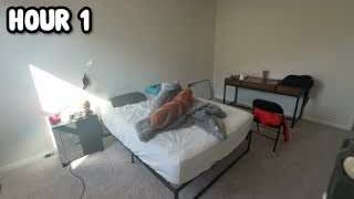 An unmade bed in a bedroom, with the text "HOUR 1" overlaid.