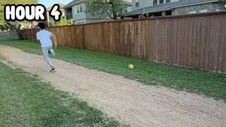 The presenter running down a dirt path next to a fence, with the text "HOUR 4" overlaid.
