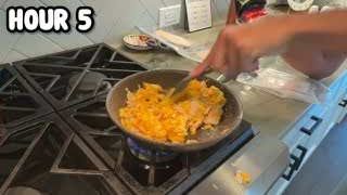 A pan of scrambled eggs with melted cheese and turkey, being stirred on a stovetop, with the text "HOUR 5" overlaid.