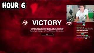 A game screen displaying "VICTORY" with disease symbols, while the presenter smiles in the top right corner.