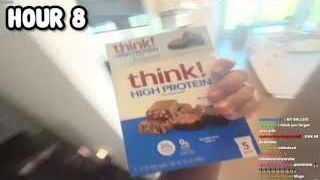 The presenter's hand holding a box of "think! HIGH PROTEIN" bars, labeled as "HOUR 8."