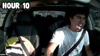 The presenter in his car, screaming with an exaggerated expression, labeled as "HOUR 10."
