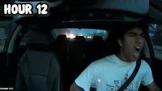 The presenter in his car at night, screaming with an exaggerated expression, labeled as "HOUR 12."