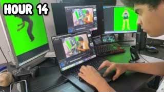 The presenter sitting at a multi-monitor computer setup, editing a video with green screen footage visible on the screens, with the text "HOUR 14" overlaid.