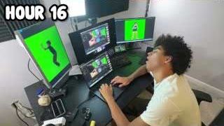 The presenter, looking exhausted, resting his head on his hand while editing at his computer, with the text "HOUR 16" overlaid.
