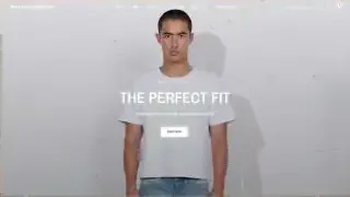 A model showcasing a white t-shirt on a website with the text "THE PERFECT FIT"