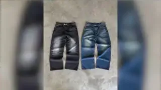 Four denim jeans laid out, showcasing different washes and styles, representing product iterations.