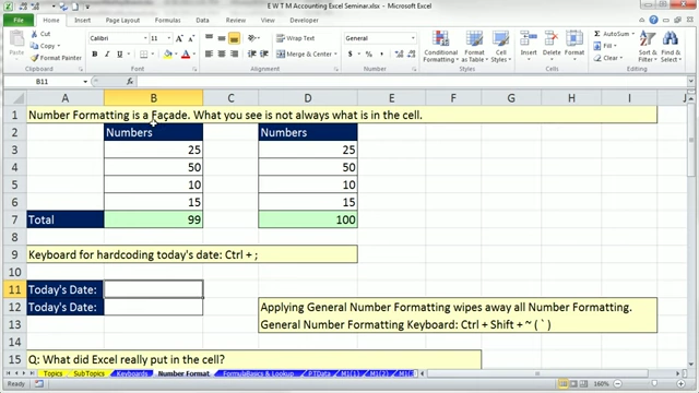 Demonstration of number formatting as a 'facade' and how displayed values can differ from underlying values