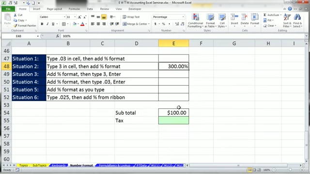 Different methods of typing percentages into Excel and their resulting formats