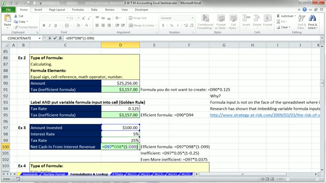 Comparison of inefficient (hard-coded) versus efficient (cell-referenced) formulas, illustrating Excel's Golden Rule