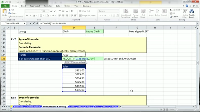 Using COUNTIF to count with criteria, showing the concatenation of an operator and a cell reference
