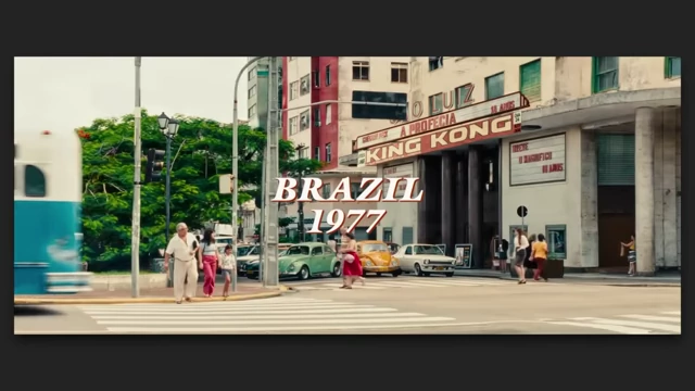 A title card reading "BRAZIL 1977" with a street scene in the background from "The Secret Agent."
