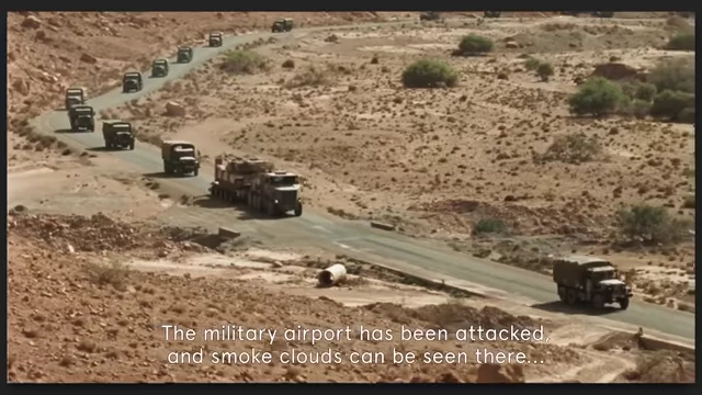 A convoy of military trucks driving on a desert road, indicating the violent world theme in "Sarat."