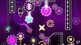 Geometry Dash gameplay featuring purple gears and pulsating elements