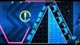 Geometry Dash gameplay showing blue spikes and an exclamation mark icon