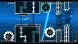 Geometry Dash gameplay with blue-tinted mechanical elements and moving blocks