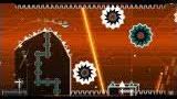 Geometry Dash gameplay featuring orange spikes and a character moving through tight spaces