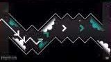 Geometry Dash gameplay displaying purple platforms and obstacles in a futuristic setting