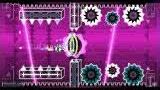 Geometry Dash gameplay with blue gears and intricate level designs