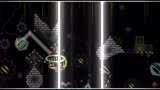 Geometry Dash gameplay showing a character navigating through dark, geometric tunnels with glowing elements