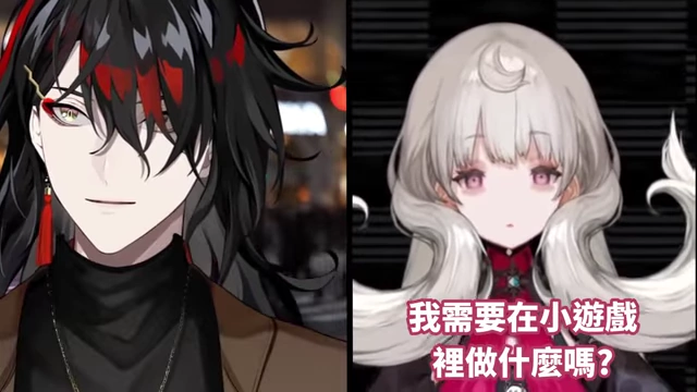 A split screen featuring Vox Akuma and Reimu Endou's VTuber avatars.