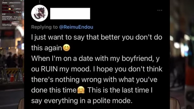 A tweet from a fan harassing Ramu for interrupting Vox's stream, stating "I just want to say that better you don't do this again."